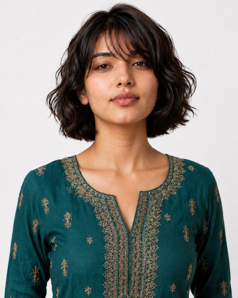 Pathika, a clothing seller from Surat, wearing an embroidered teal kurta